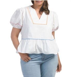 ENGLISH FACTORY Women Plus 3X Puff‎ Sleeve Piping Detail Top White